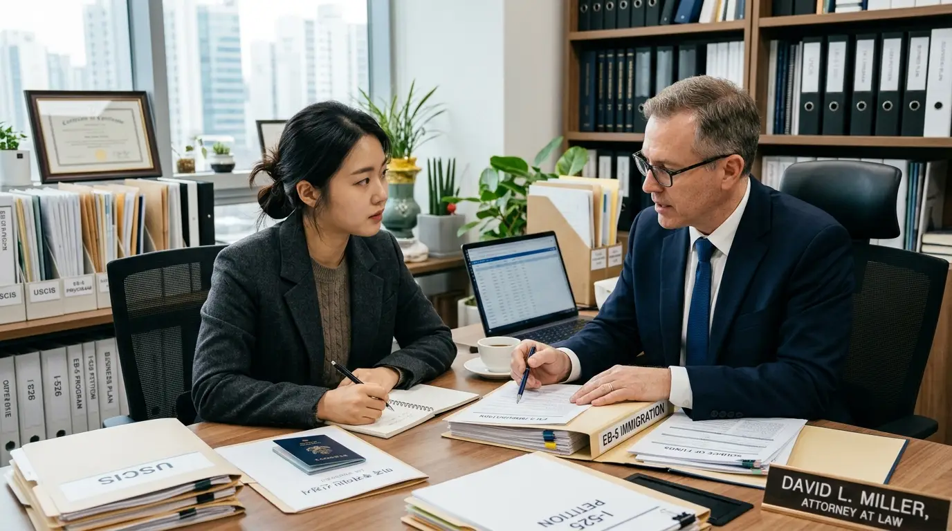 이민 변호사 사무실에서 정장 차림의 변호사와 내담자가 서류를 검토하며 진지하게 상담하는 모습, EB-5 투자이민, 법률 상담, 행정서류 키워드 포함.