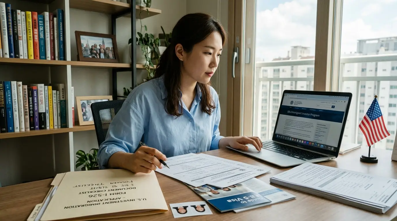 비자 신청 서류와 노트북을 확인하는 모습