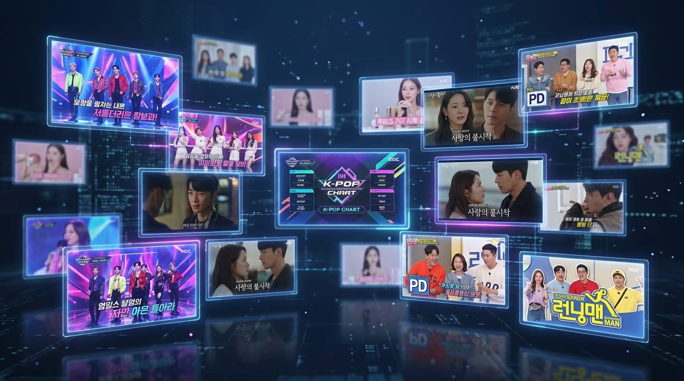 K-POP 차트와 관련된 다양한 프로그램 장면이 담긴 이미지, 인기 아이돌 그룹과 드라마 캐릭터들이 포함되어 있으며, 화려한 그래픽과 함께 K-POP 차트 정보를 시각적으로 표현.