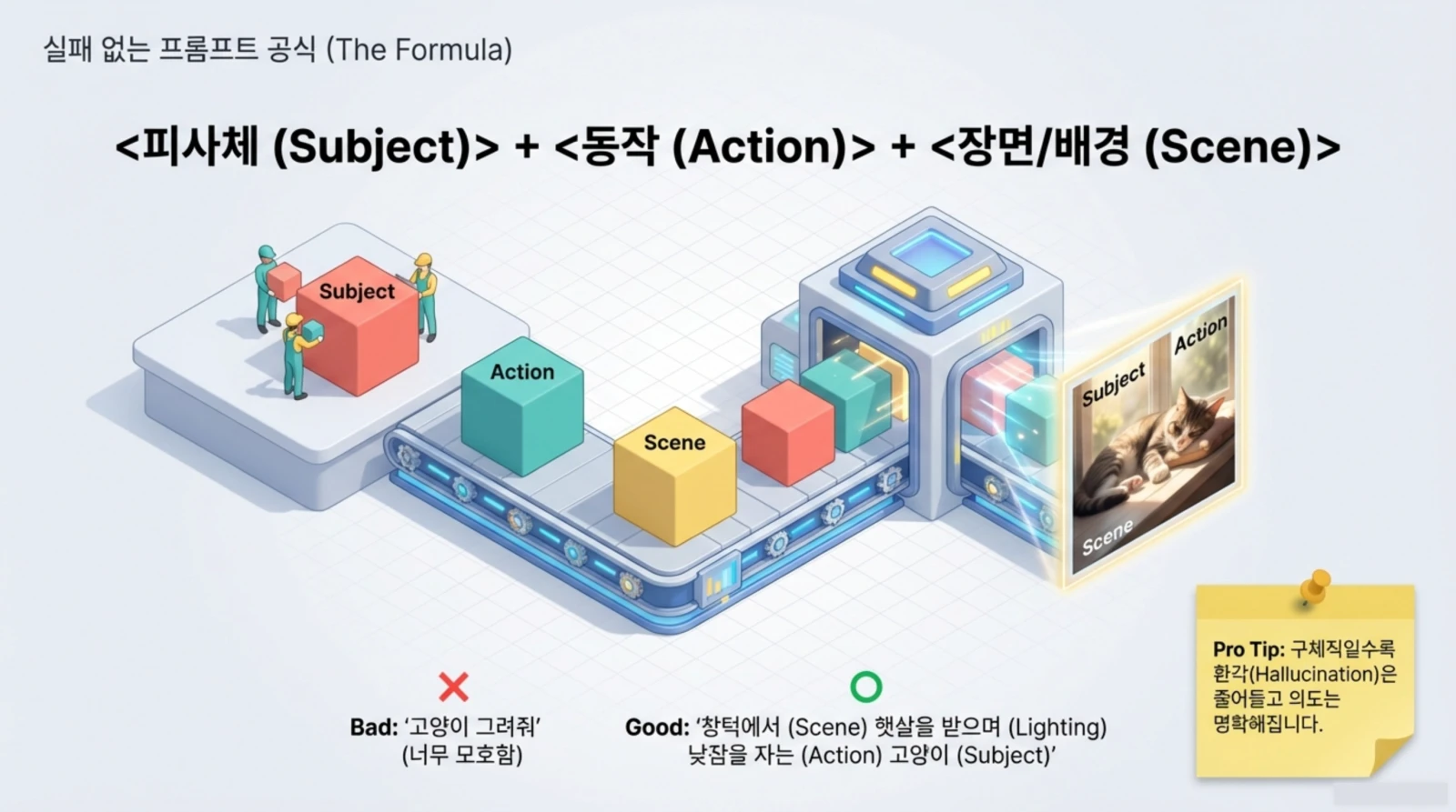피사체, 동작, 장면을 조합해 프롬프트를 만드는 공식 예시와 예시로 고양이 그림이 있는 인포그래픽.