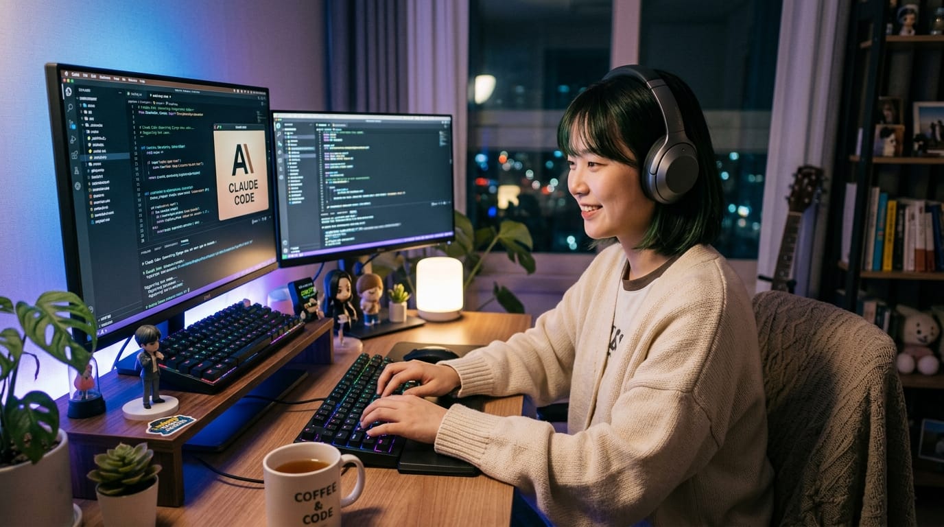 컴퓨터 앞에 앉아 코딩을 하는 여성, 두 개의 모니터에서 프로그래밍 코드가 보이며, 헤드폰을 착용하고 있다. 책상 위에는 식물과 커피 컵, 피규어 장식이 놓여있고, 창밖으로 도시의 불빛이 보인다.