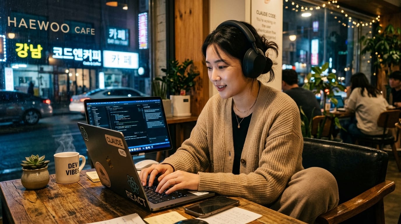 카페에서 노트북으로 코딩하는 젊은 여성, 헤드폰 착용, 테이블 위에는 커피와 식물, 배경에는 다양한 상점의 네온사인.