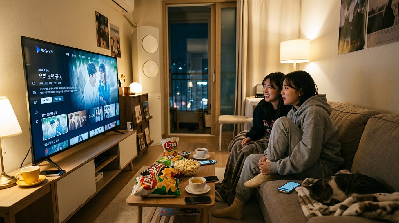 두 명의 여성이 소파에 앉아 TV를 보며 웃고 있는 모습. 테이블에는 팝콘과 과자, 음료가 놓여 있고, 저녁 시간의 아늑한 거실 풍경이 보인다. TV 화면에는 '우리 보물 같은 이'라는 드라마가 재생 중이다.