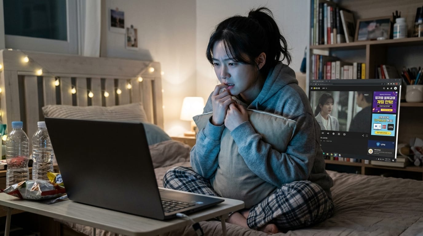 어두운 방에서 노트북 앞에 앉아 있는 젊은 여성, 소파 쿠션을 안고 집중하며 영화를 보고 있는 모습. 주변은 아늑한 조명과 간식이 놓여 있는 테이블로 꾸며져 있음.
