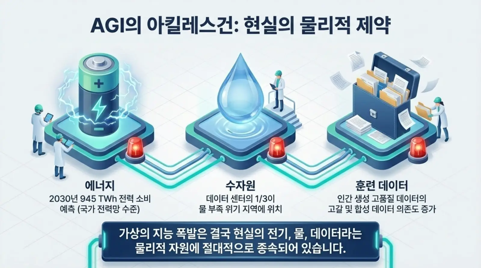 에너지 소비, 수자원, 훈련 데이터 등 AGI 인공지능 인프라의 현실적 한계를 강조하는 일러스트와 연구원들이 자료를 분석하고 있는 모습