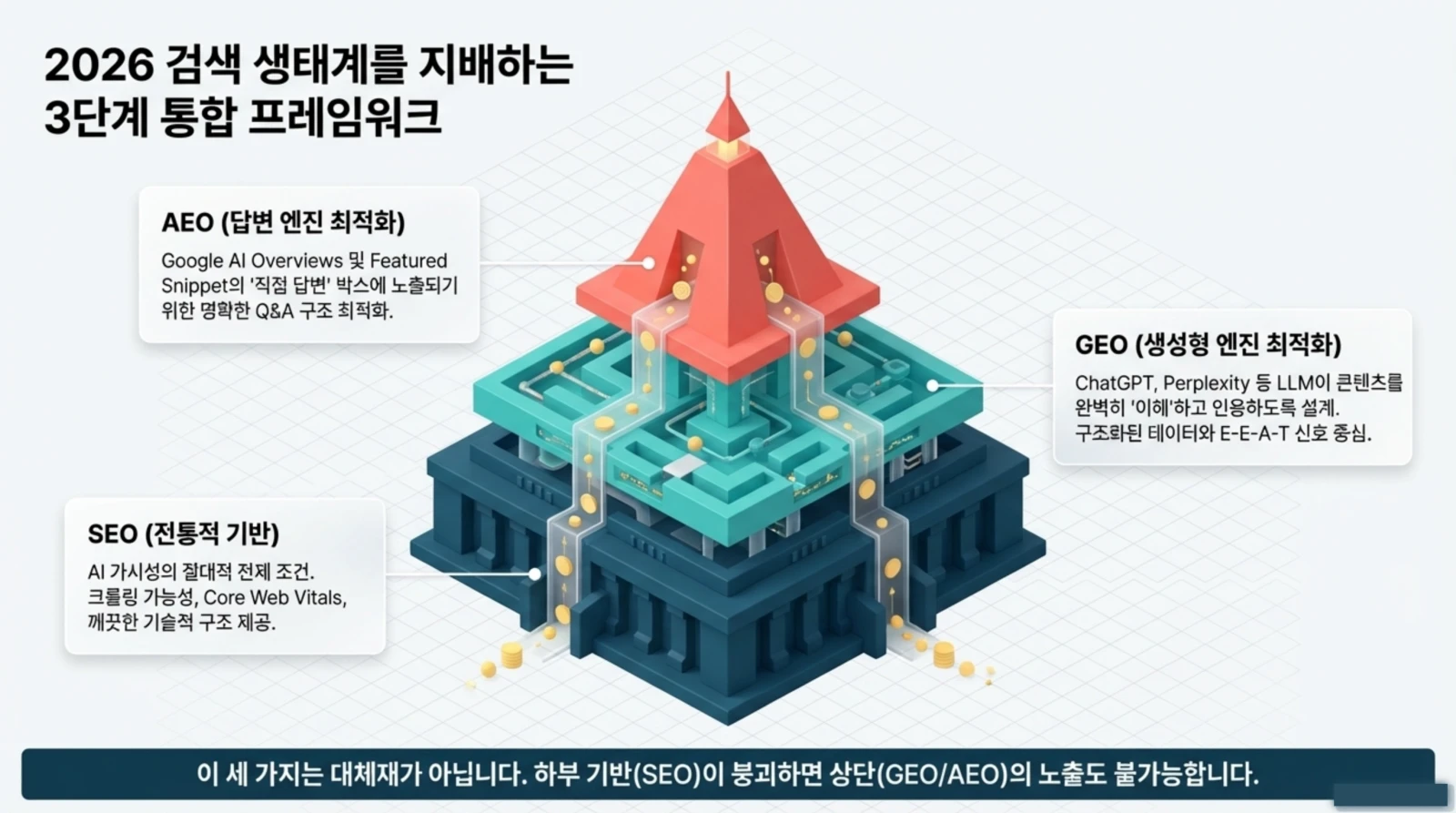 검색 프레임워크를 설명하는 3단계 구조의 일러스트와 함께 AEO, GEO, SEO의 핵심 요소와 검색 최적화 전략이 시각적으로 강조되어 있음.