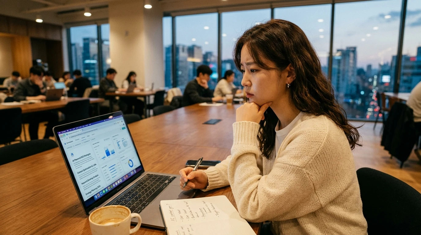 키워드: 직장인, 노트북, 업무, 카페, 분석 카페 같은 오픈 스페이스에서 직장인이 노트북과 노트로 데이터 분석 업무에 집중하며 차분하게 일하는 모습이 도심 야경과 함께 보인다.
