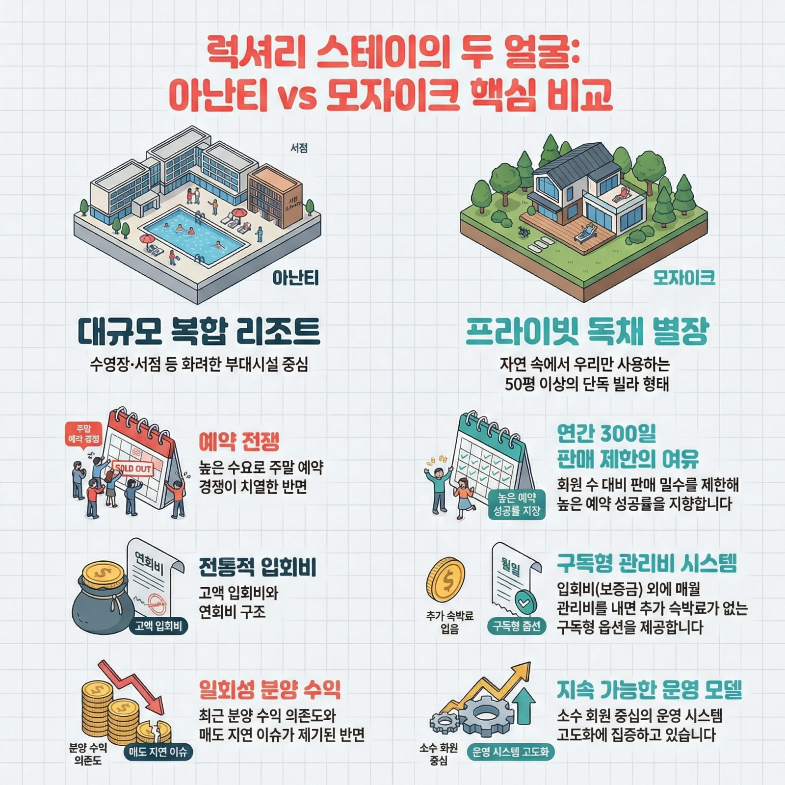 럭셔리 스테이 아난티와 모자이크의 리조트 및 프라이빗 별장 비교 인포그래픽, 주요 특징 및 운영 모델 설명.