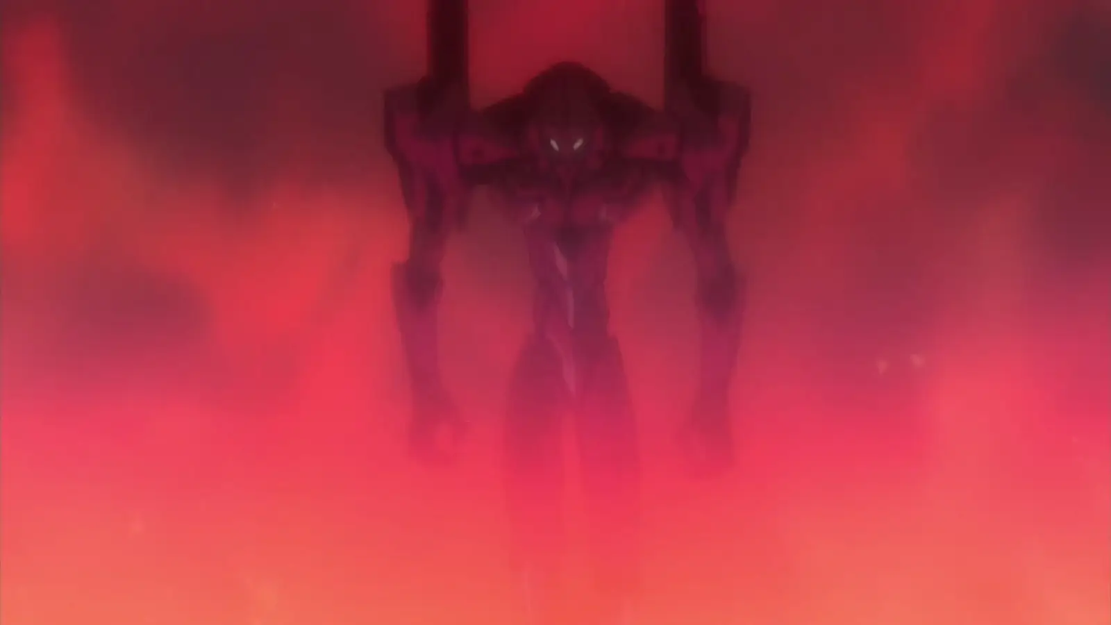 에반게리온 초호기가 붉은 불길과 연기 속에서 위협적으로 등장하는 장면, 어두운 분위기와 강렬한 분위기 연출.