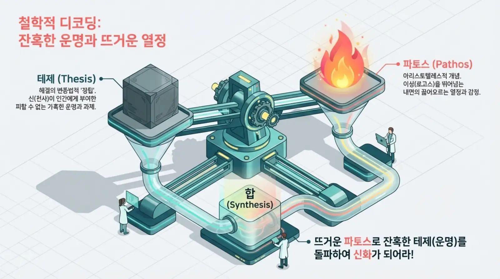 철학적 디코딩 개념을 나타내는 인포그래픽, 테제와 파토스가 기계 장치로 합쳐져 신화를 창조하는 과정을 연구원이 분석하는 장면