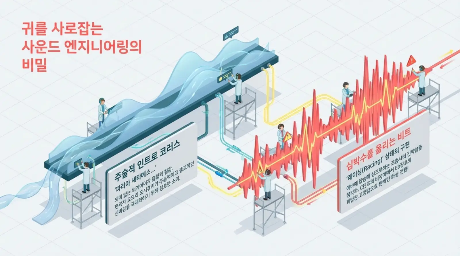 사운드 엔지니어들이 파도와 파형을 조작하며 음향 신호 처리 과정과 효과적으로 전달되는 음악 비밀을 시각적으로 설명한 인포그래픽 스타일 일러스트