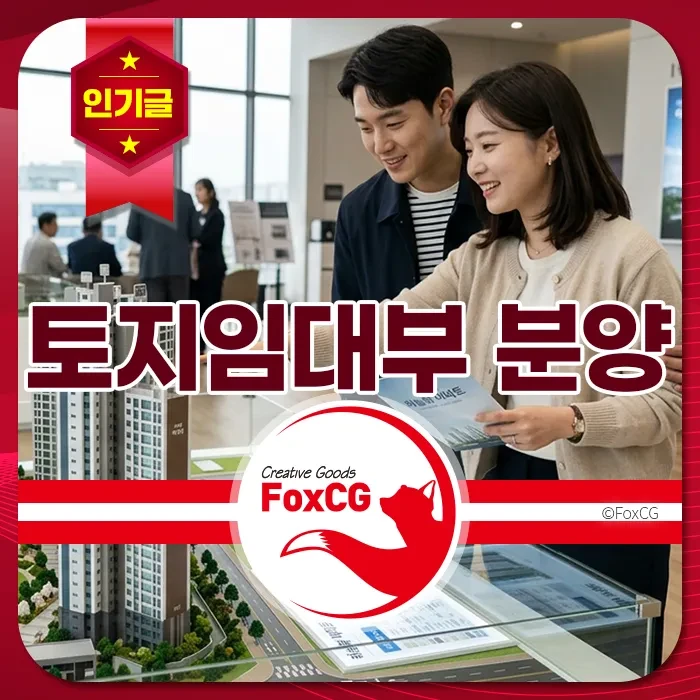 토지임대부 아파트 분양 상담에서 젊은 남녀가 모형도를 보며 밝게 미소 짓고, 인기글 배너와 FoxCG 로고가 강조된 부동산 분양 현장.