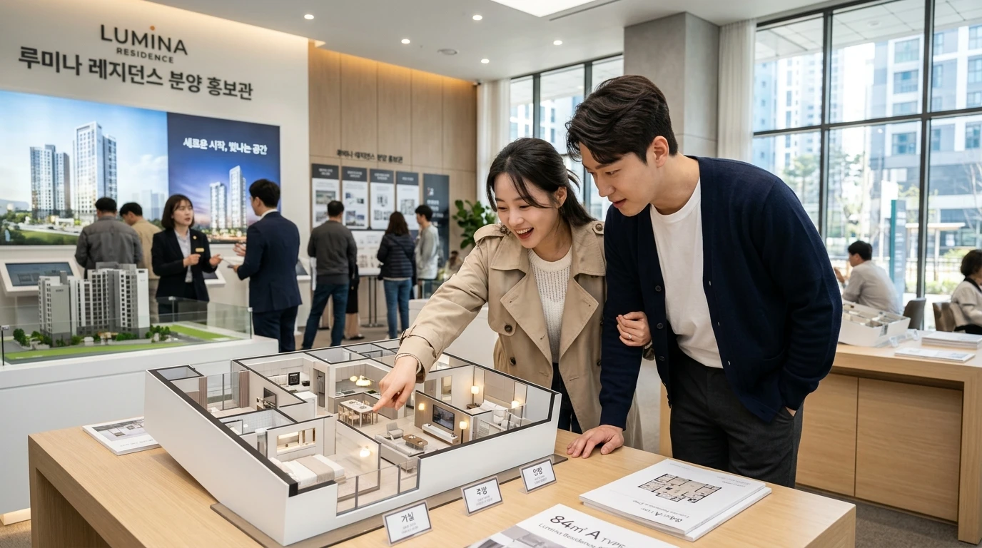 분양 홍보관에서 아파트 모형을 보며 밝게 미소짓는 부부, 실내 견본주택, 도시 풍경, 신축 아파트, 상담 현장 분위기
