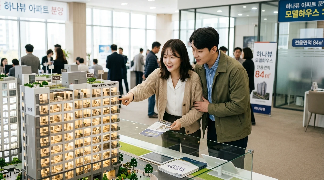 아파트 분양 모델하우스에서 젊은 부부가 건물 모형을 보며 상담을 받고, 밝은 분위기 속에서 내부 구조와 평수를 설명 듣는 모습.