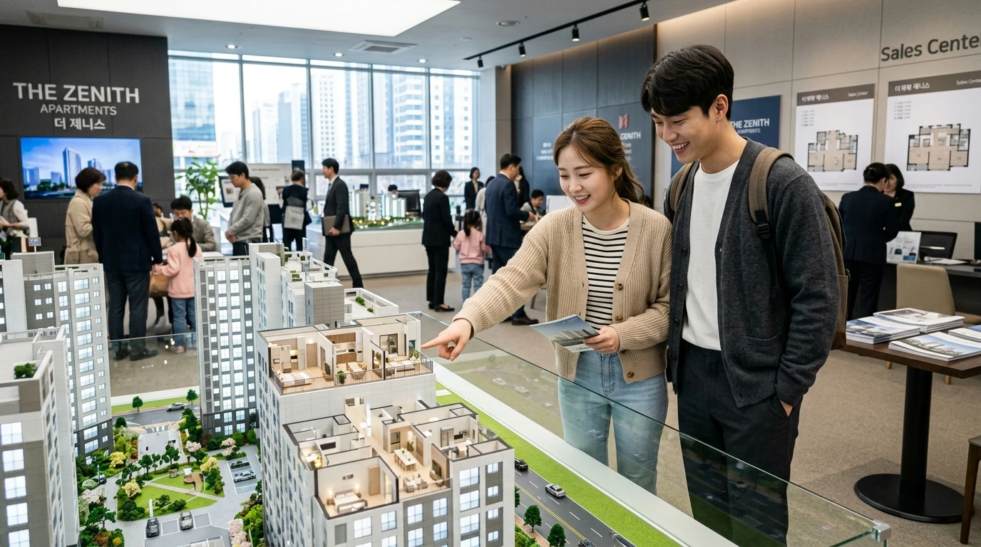 아파트 분양 모델하우스에서 젊은 부부가 단지 모형을 보며 상담을 받는 장면, 부동산, 분양, 견본주택, 가족 분위기 연출
