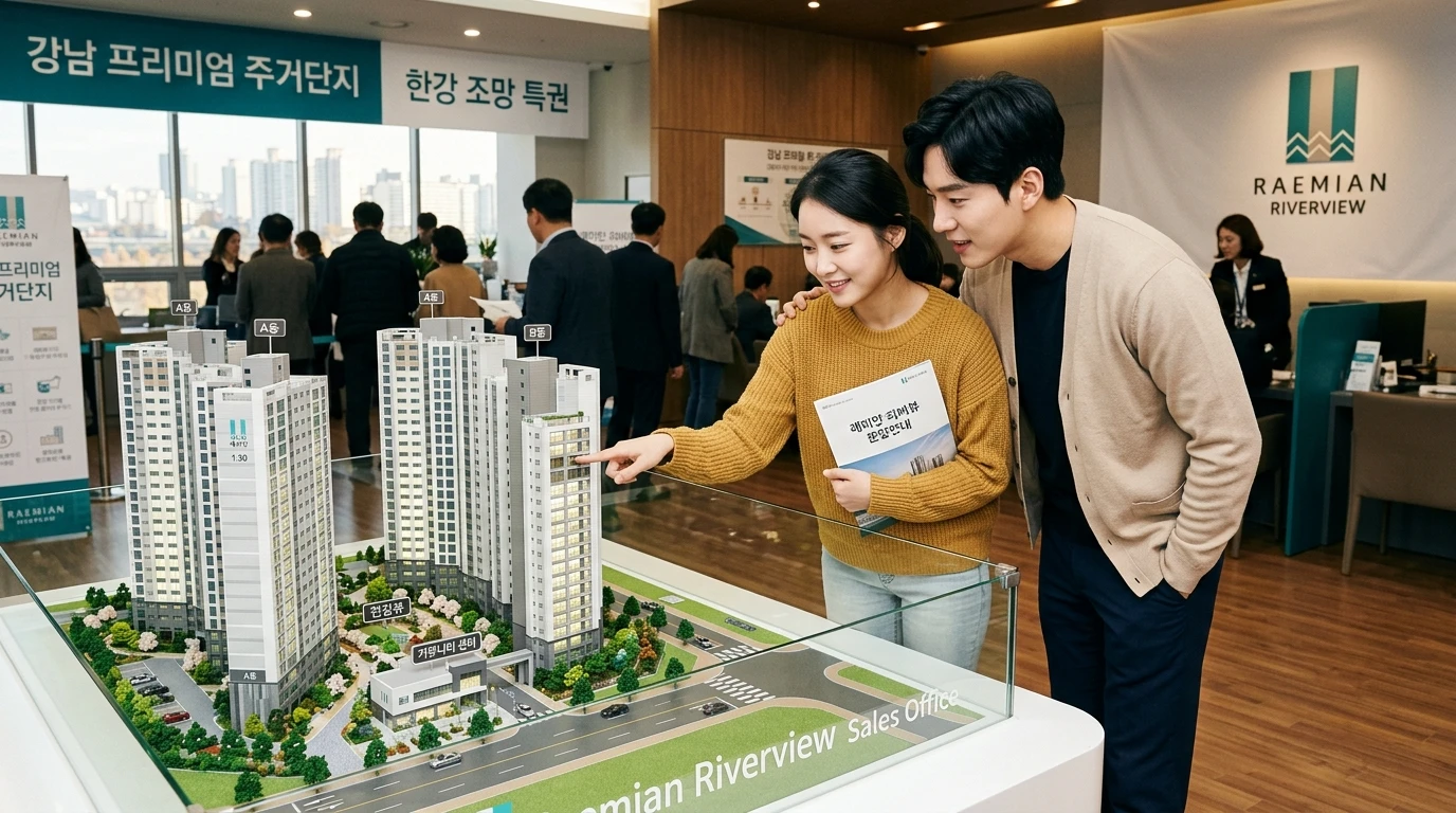 분양 홍보관에서 젊은 부부가 래미안 리버뷰 아파트 단지 모형을 보며 설명서를 들고 관심 있게 상담받는 모습, 강남 주거단지 홍보 배경.