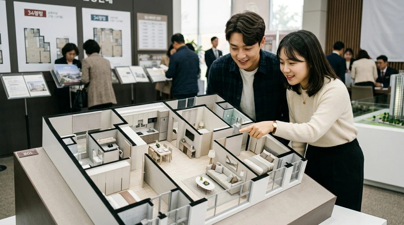 신혼부부가 아파트 견본주택에서 실감나는 세대 평면 모형을 보며 공간 구조와 인테리어 스타일을 확인하며 상의하는 모습