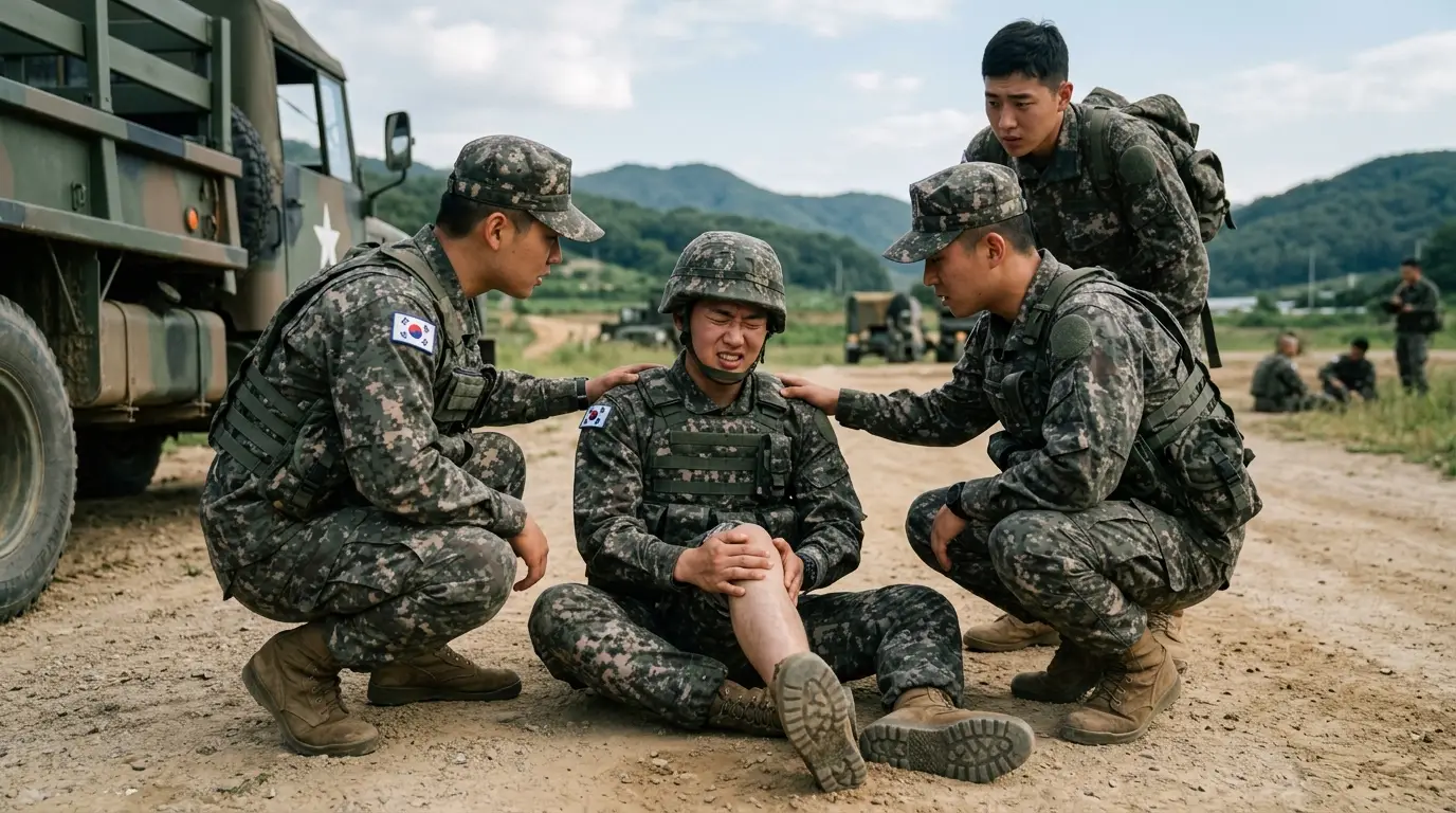 군복을 입은 한국 군인들이 야외 훈련 중 무릎을 다친 동료를 걱정스럽게 둘러싸고 위로하며 도움을 주는 진지한 장면.