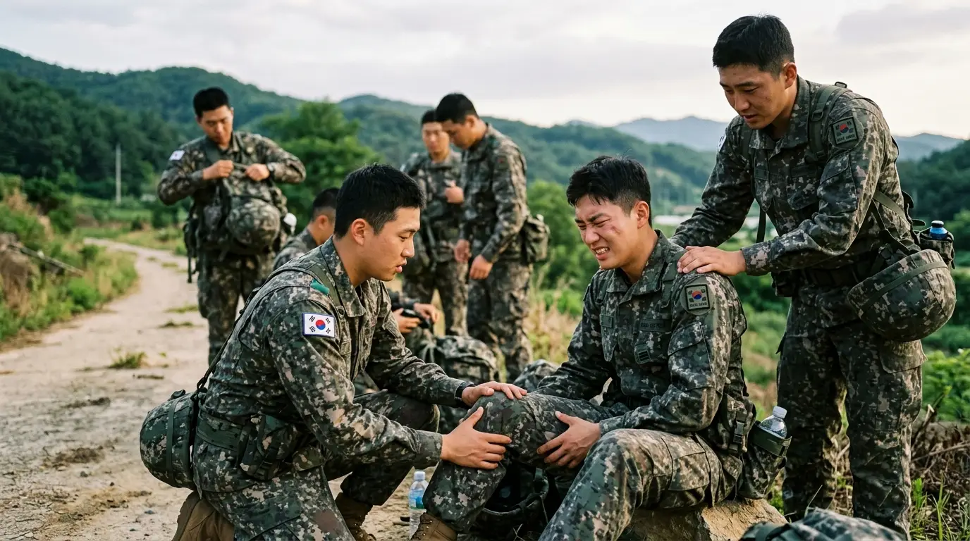 군복을 입은 대한민국 군인들이 야외 훈련 중 다친 동료를 위로하며 단결력과 동료애를 보여주는 모습, 배경은 자연 풍경.