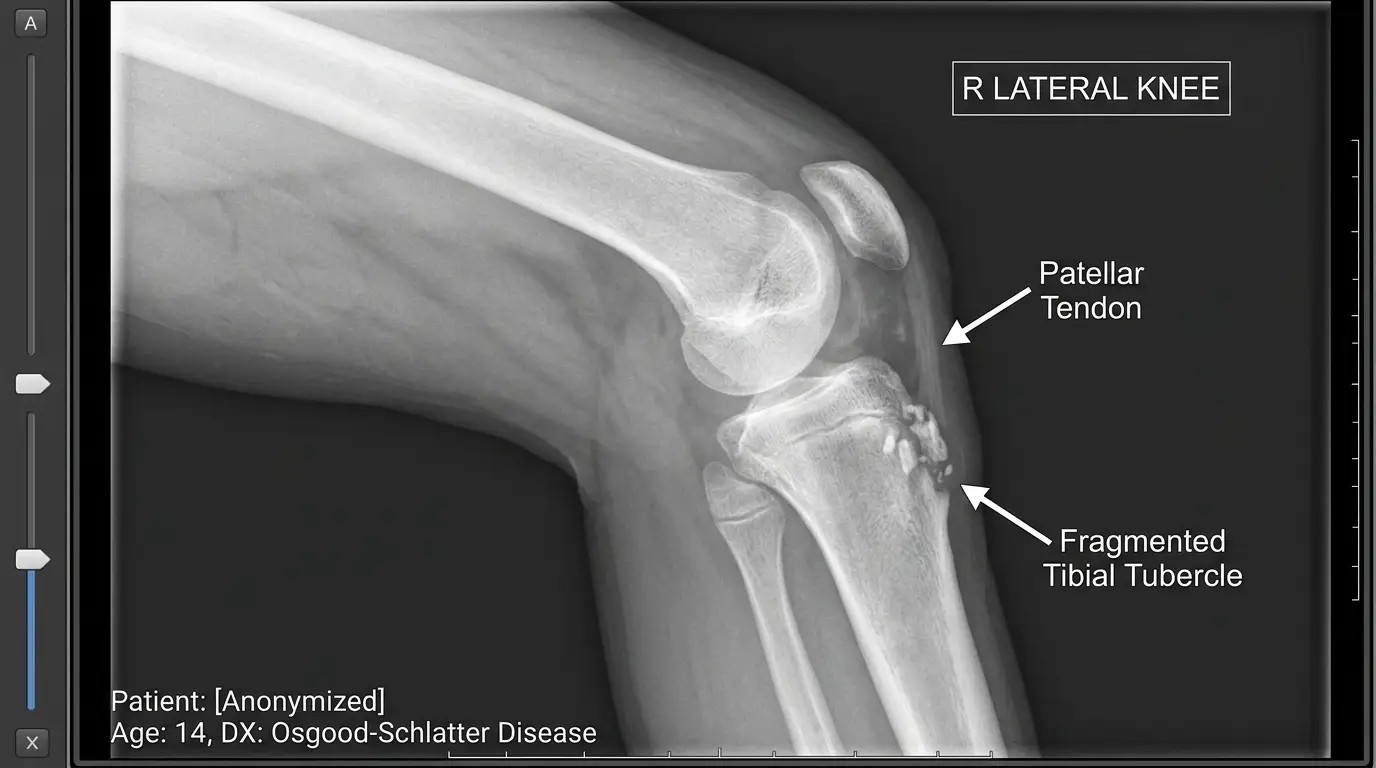 오스굿-슐래터병 진단을 위해 찍은 14세 청소년의 우측 무릎 측면 엑스레이에서 슬개건과 분절된 경골 결절이 선명하게 나타남.