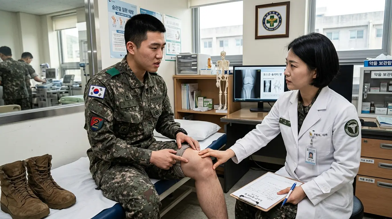 군 병원 진료실에서 군인이 무릎 통증을 호소하며 군의관에게 진료받는 모습, 배경에는 엑스레이와 해부학 모형이 보임