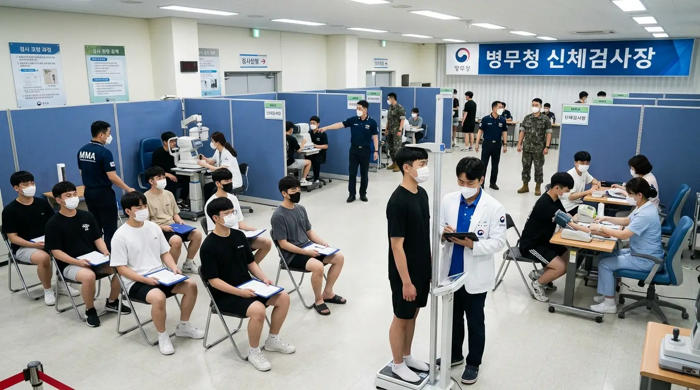 병무청 신체검사장에서 마스크를 착용한 젊은 남성들이 신체검사와 건강 검진을 받고, 대기하며 의료진과 군인들이 질서를 유지하는 장면