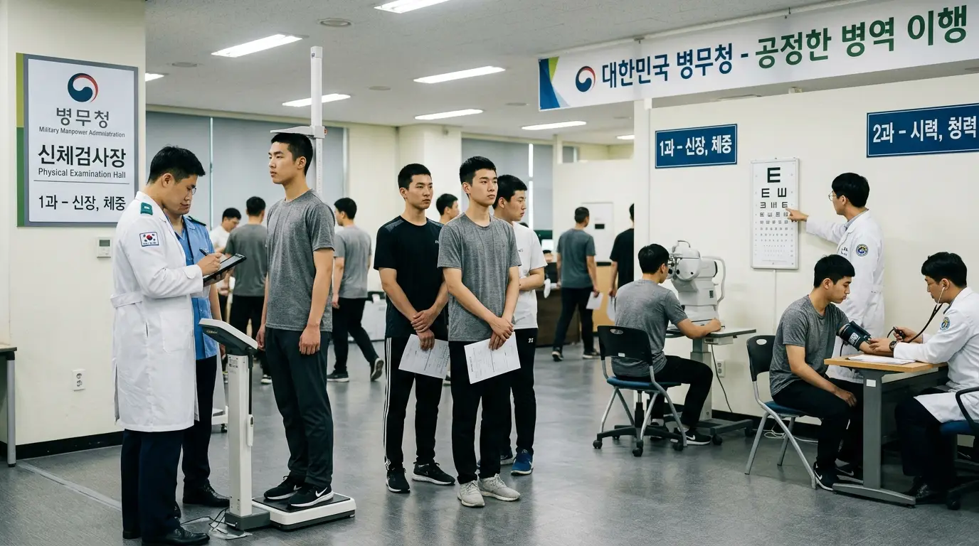 병무청 신체검사장에서 젊은 남성들이 신장, 체중, 시력 등 징병 신체검사를 받으며 질서 정연하게 대기하고 있는 모습