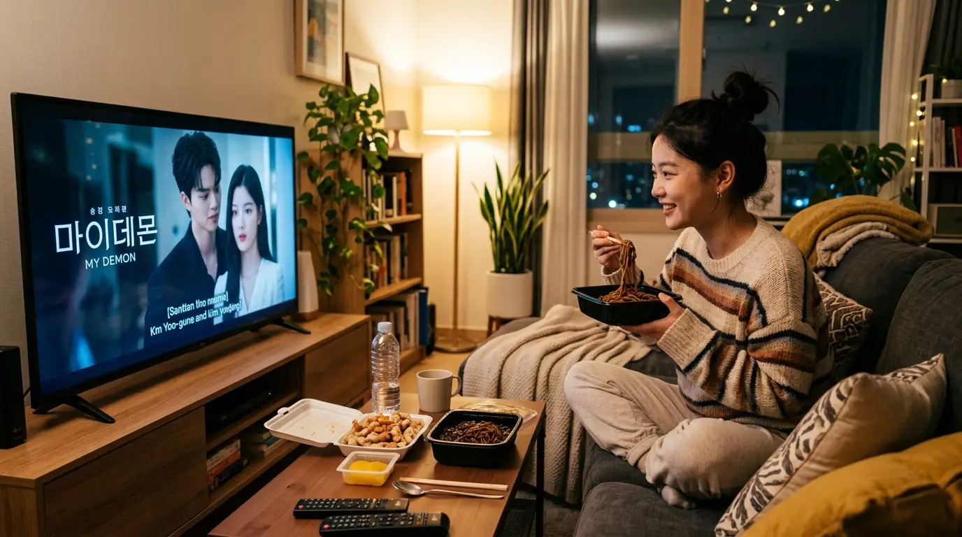 따뜻한 거실 소파에 앉아 짜장면을 먹으며 드라마 마이데몬을 시청하는 여성, 아늑한 분위기와 야식, 홈시네마, 혼밥, 집콕