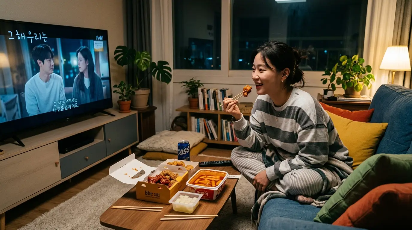치킨과 떡볶이 등 야식이 놓인 테이블 앞에서 여성이 거실 소파에 앉아 드라마를 시청하며 즐겁게 식사하는 밤 풍경