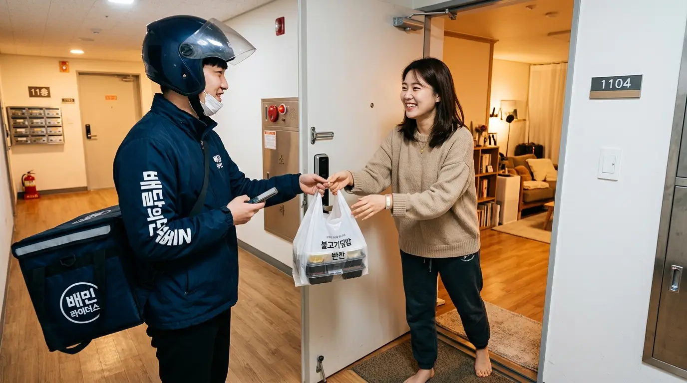 음식 배달원이 아파트 문 앞에서 미소 짓는 여성에게 식사 배달 음식을 전달하며, 집안 인테리어와 따뜻한 분위기가 함께 어우러진 장면.