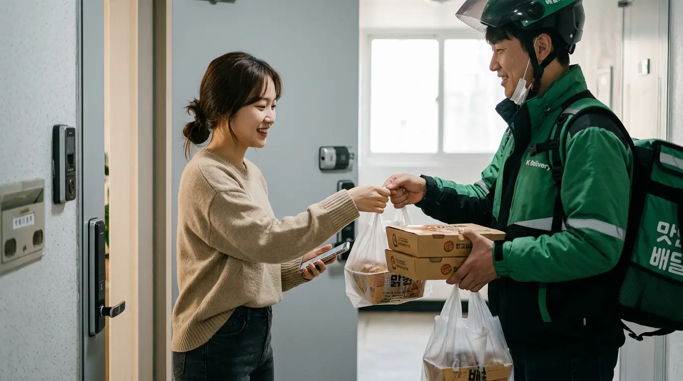 배달원과 실내에서 마주친 여성 고객이 음식 포장봉투를 전달받으며 미소 짓고 있는 장면, 배달 서비스, 배달앱, 음식 주문, 집앞 배달