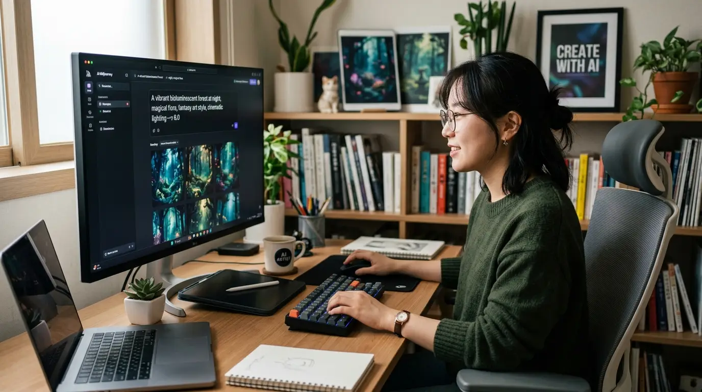 여성 개발자가 책상에서 AI 그래픽 디자인 소프트웨어를 사용해 일하며, 모던 인테리어와 많은 책, 식물이 조화를 이루는 창의적인 사무실 공간.