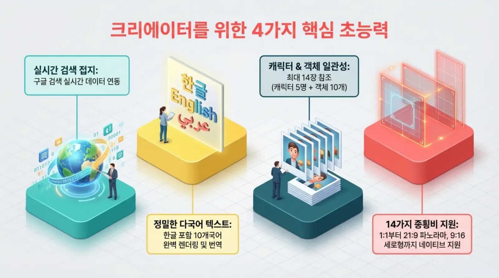 핵심 초능력, 실시간 검색, 다국어 텍스트, 캐릭터 인식, 다양한 종횡비 지원 등 크리에이터를 위한 인공지능 기능 인포그래픽.