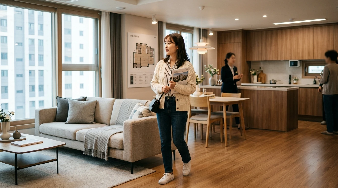아파트 모델하우스 내부에서 젊은 여성이 견본주택을 둘러보고, 세련된 거실과 주방, 따뜻한 인테리어가 어우러진 모습이 자연스럽게 연출됨.