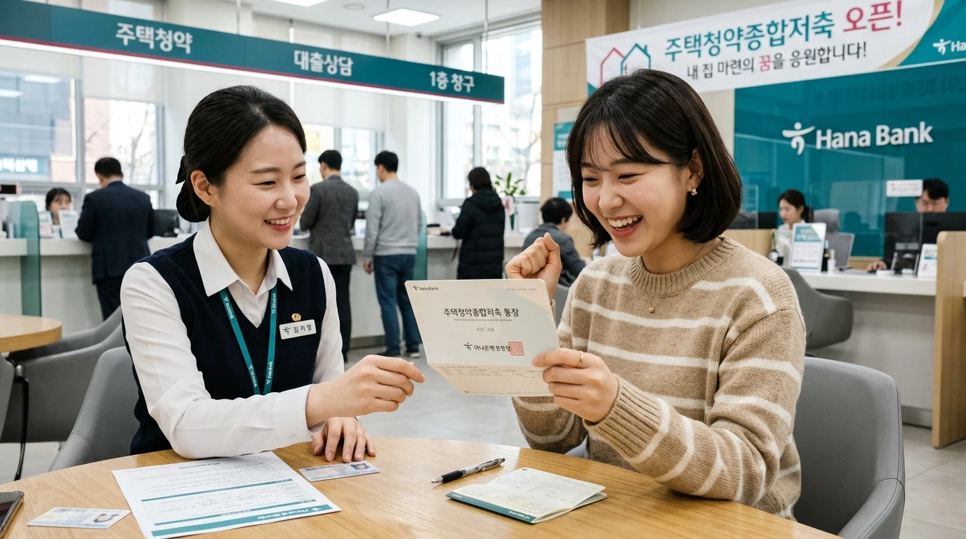 주택청약, 은행 상담, 통장 개설 등 주거 금융 상품 상담을 받으며 고객이 상담 직원과 함께 환하게 웃고 있는 하나은행 지점 실내 모습.