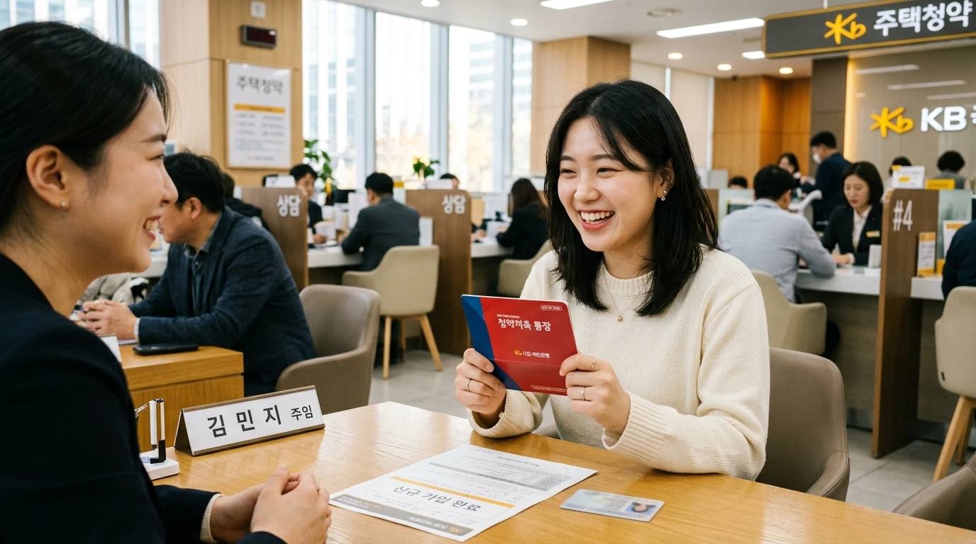청약저축 통장을 들고 상담원과 미소로 상담하는 여성, 은행 내부 창구에서 주택청약 및 금융 서비스 장면 묘사