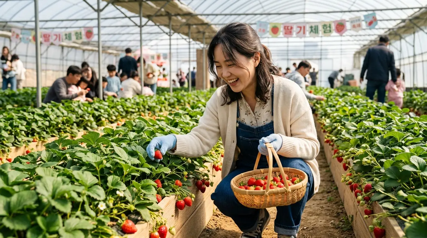 딸기체험농장에서 여성이 딸기를 직접 수확하며 미소 짓고, 주위에는 가족 단위의 방문객들이 즐겁게 딸기 따기를 체험하는 모습