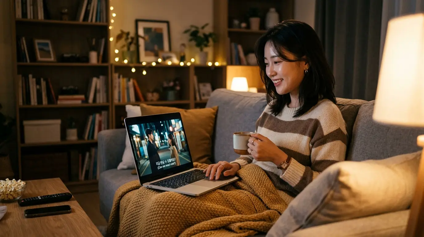 노트북으로 드라마를 시청하며 따뜻한 담요와 커피를 즐기는 여성, 아늑한 거실 분위기와 조명, 휴식 키워드가 돋보임