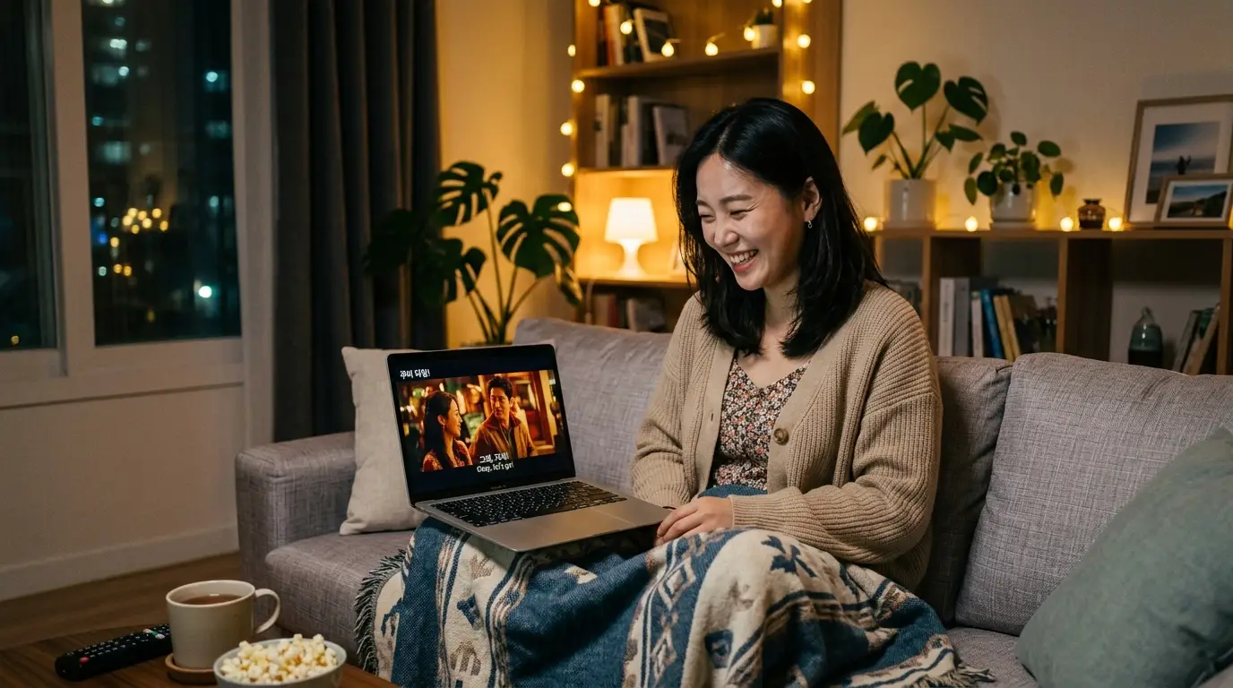 노트북으로 영화를 시청하며 소파에서 담요를 덮고 웃고 있는 여성, 아늑한 거실, 포근한 조명, 혼자만의 휴식 시간