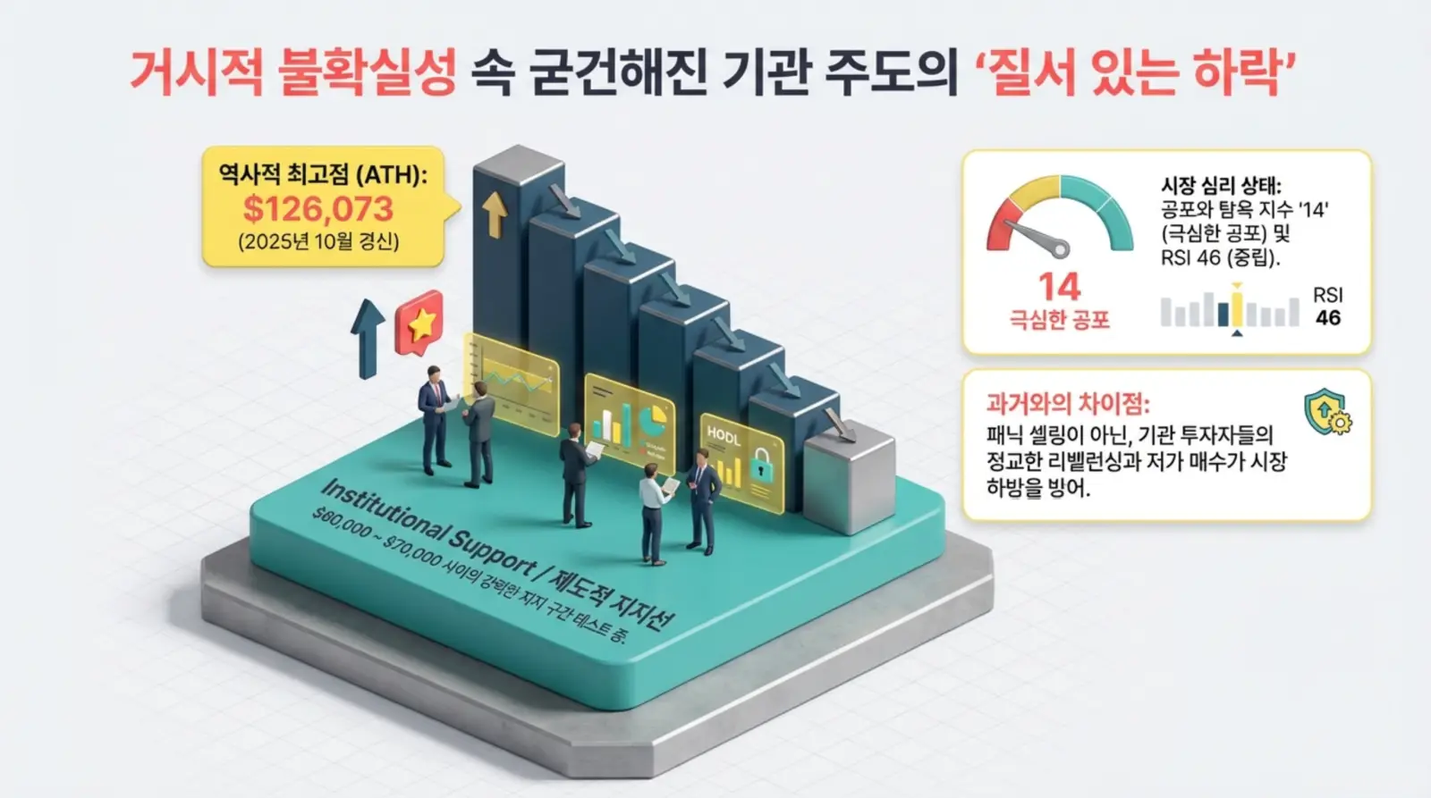 여러 지표와 차트를 분석하는 사람들과 시장 심리 지수, 강력한 지지선 정보가 포함된 금융 인포그래픽.