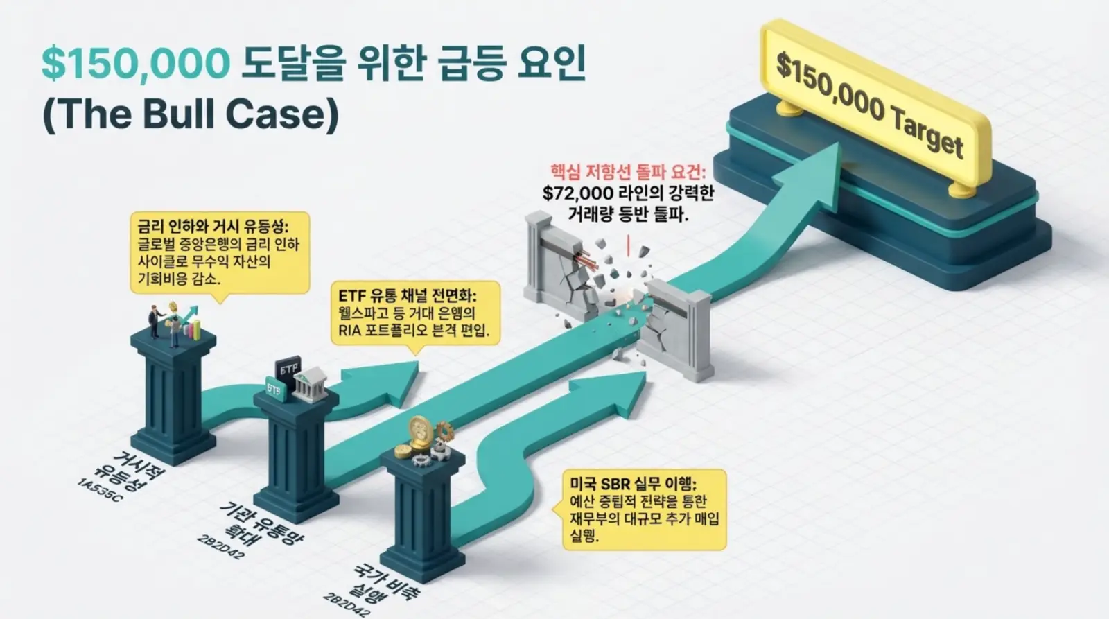 비트코인 가격이 150,000달러에 도달하기 위한 주요 상승 요인과 ETF, 유동성, 기관 확대, 국가 비축, 미국 재무부 매입 등 설명.