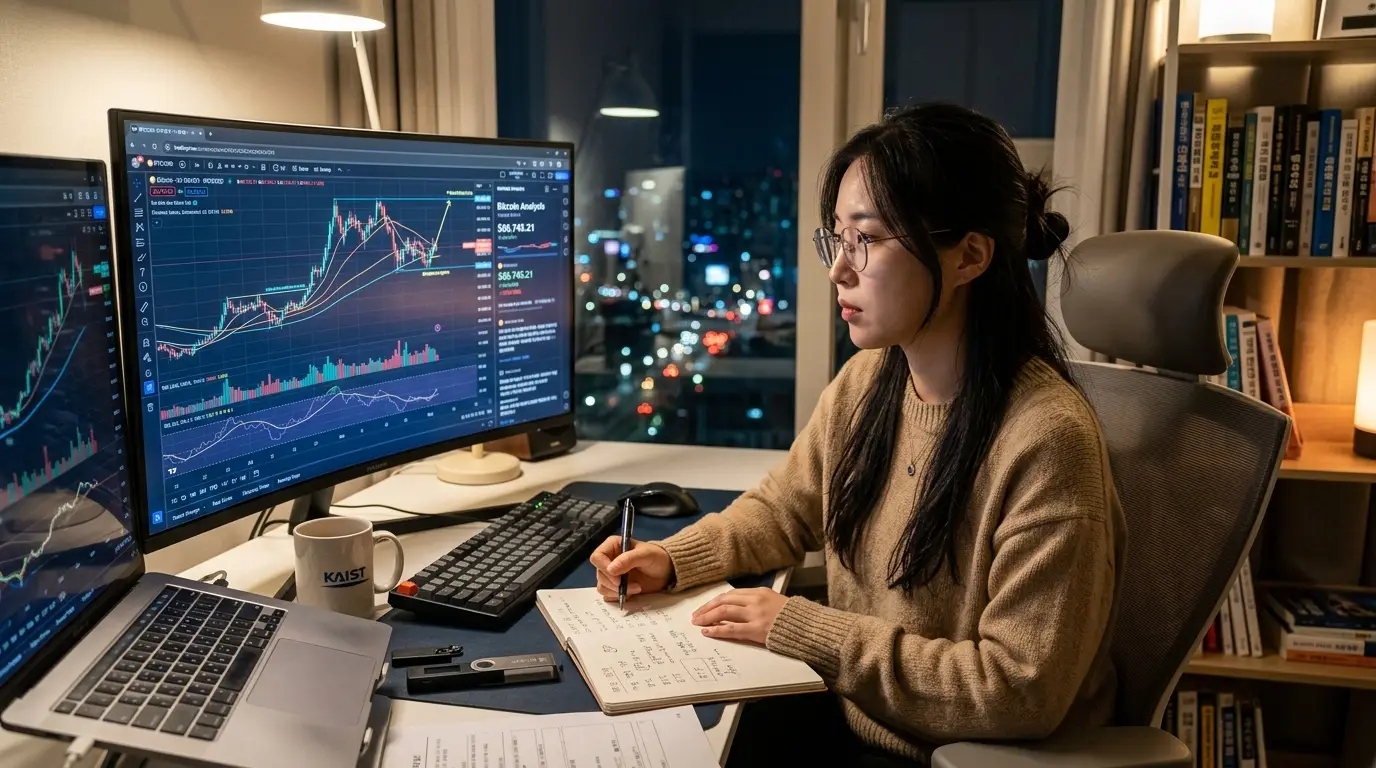 밤에 책상에 앉아 컴퓨터로 주식 차트를 분석하며 노트에 메모하는 안경 쓴 여성.