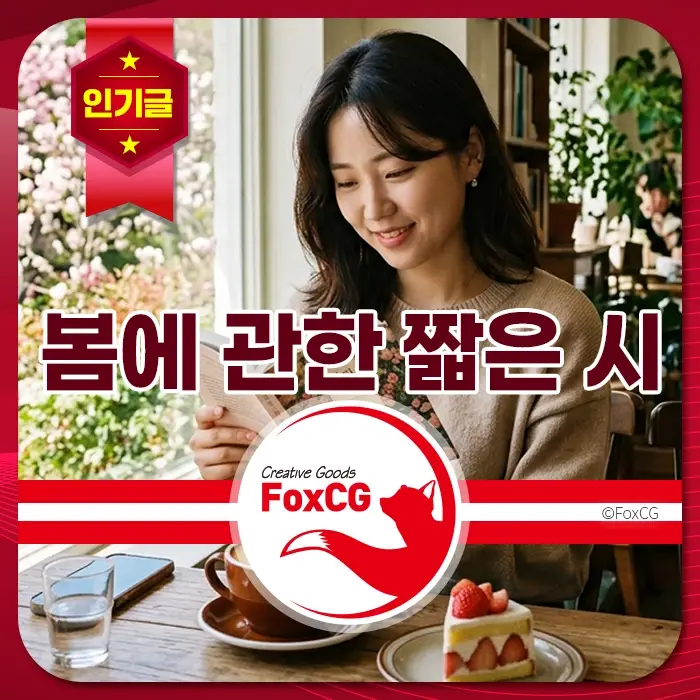 봄꽃이 만개한 창가에서 젊은 여성이 책을 읽으며 딸기 케이크와 커피를 즐기는 따뜻하고 편안한 카페 분위기.