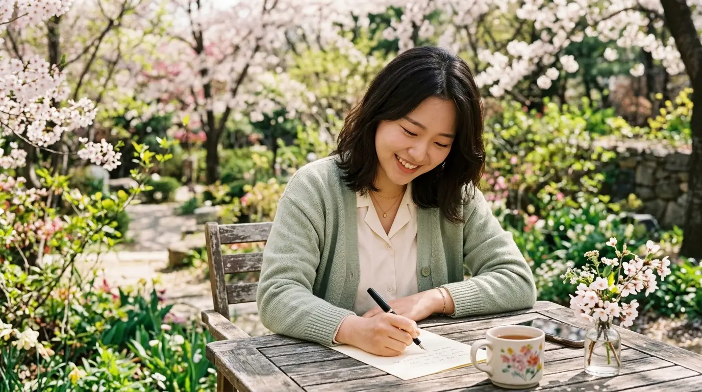 봄날 벚꽃이 만개한 정원에서 젊은 여성이 미소를 지으며 편지를 쓰고, 옆에는 꽃이 꽂힌 컵과 머그잔이 놓여 있다.