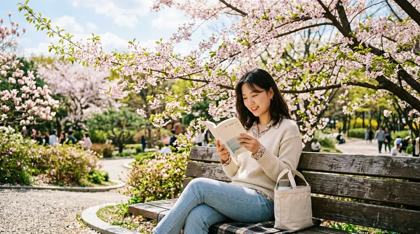 봄날 벚꽃이 활짝 핀 공원 벤치에 앉아 책을 읽으며 미소 짓는 여성의 여유로운 일상과 자연 풍경