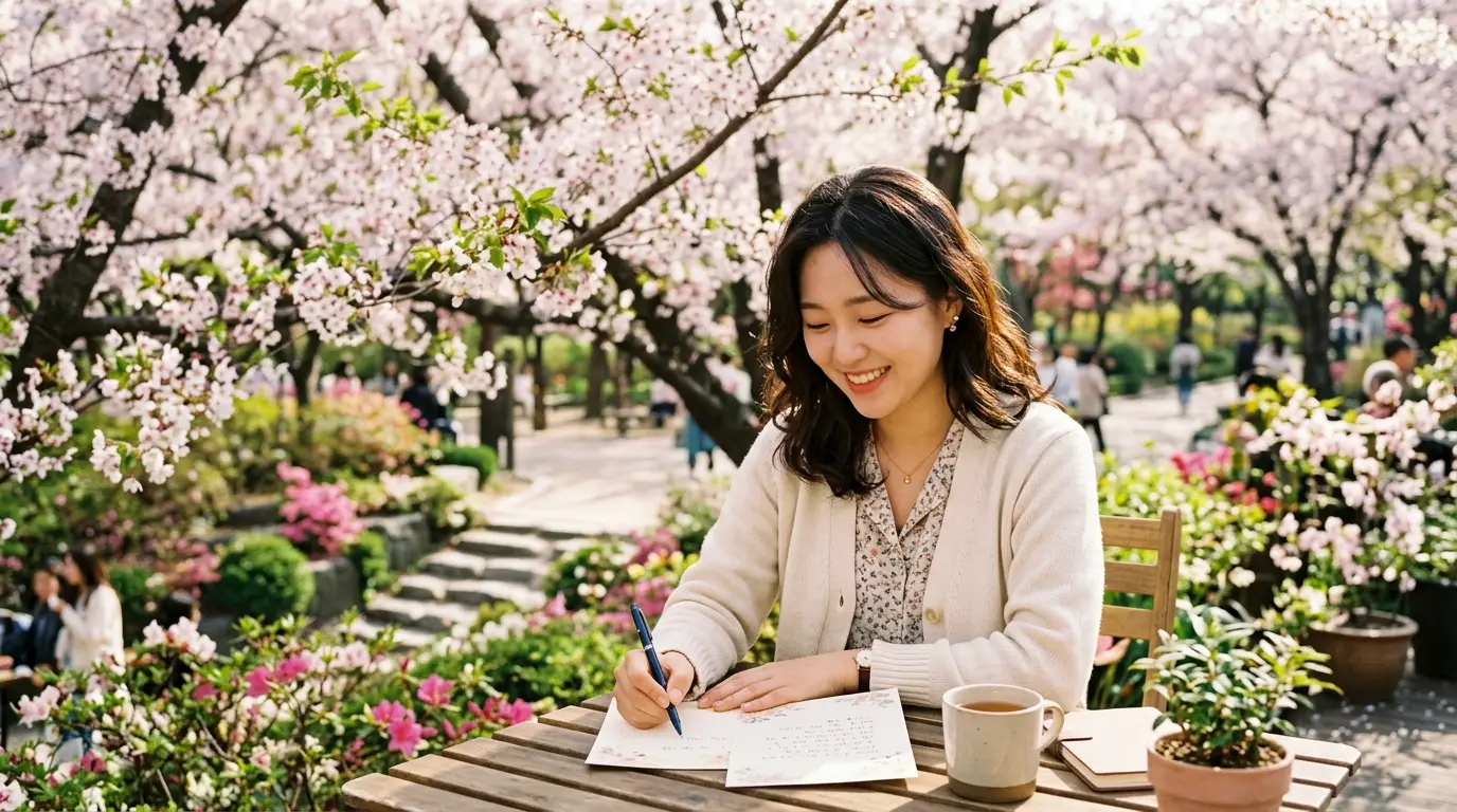 벚꽃길 공원에서 따뜻한 햇살 아래 여성은 웃으며 손글씨 편지를 쓰고, 커피잔과 꽃이 놓인 테이블이 봄 분위기를 더한다.