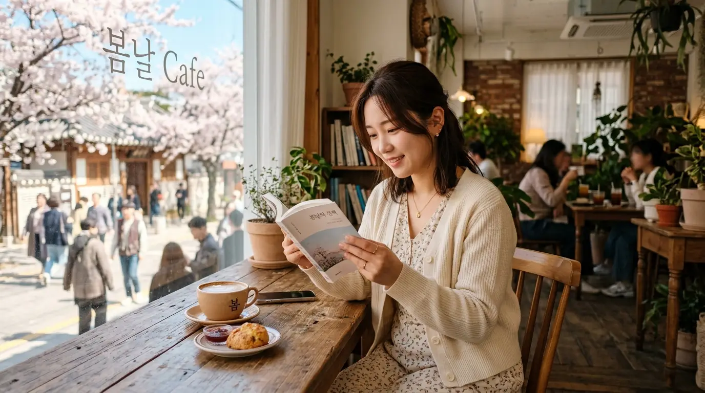 한적한 봄날 카페에서 책을 읽으며 커피와 스콘을 즐기는 여성, 창밖으로 벚꽃과 북촌 한옥마을 풍경, 아늑한 분위기