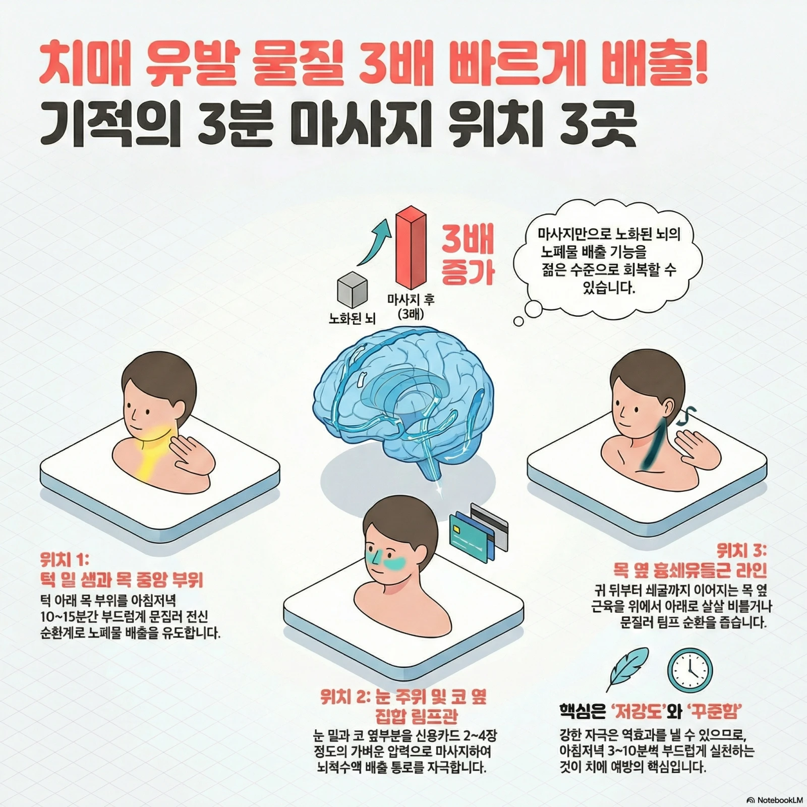 치매 예방을 위한 뇌 독소 배출 마사지 세 가지 방법과 주요 부위, 효과와 주의사항에 대한 한국어 인포그래픽.