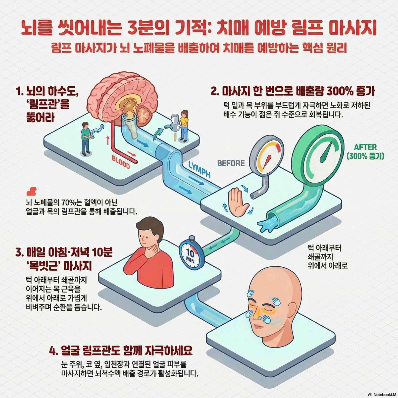 뇌 림프 마사지로 치매를 예방하는 방법을 설명한 인포그래픽 이미지.