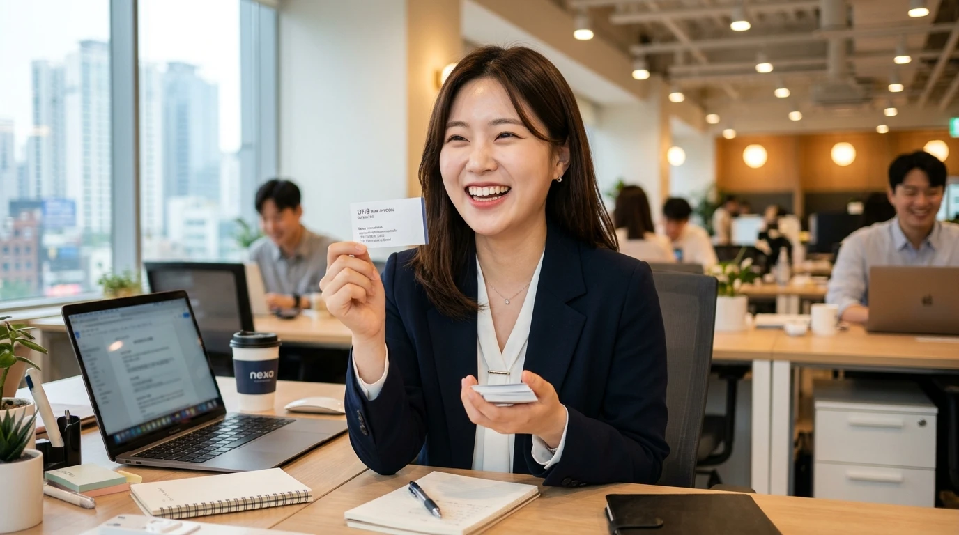 커리어, 오피스, 명함, 직장인, 비즈니스 밝은 오피스에서 직장인 여성이 미소를 지으며 명함을 들고 동료들과 네트워킹하는 현대적인 비즈니스 환경.
